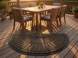 Outdoor rug on a wooden deck with a dining set