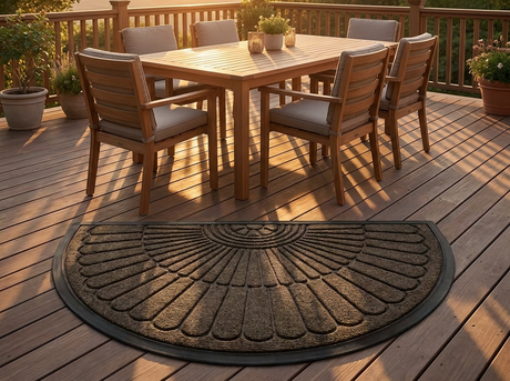 Outdoor rug on a wooden deck with a dining set