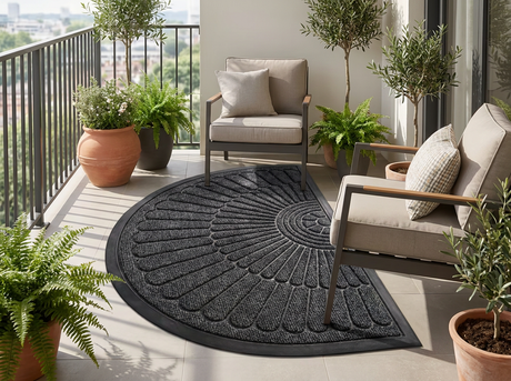 Outdoor rug on a balcony with chairs and plants