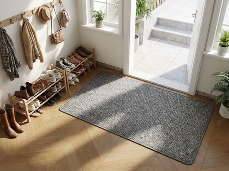 Grey doormat in mudroom