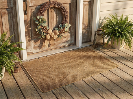 Brown doormat on farmhouse porch