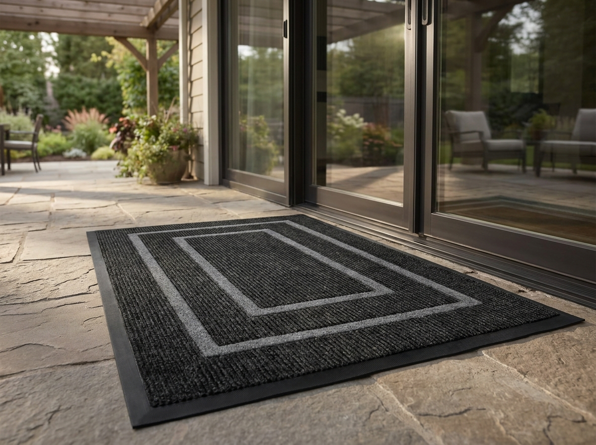 Dirt-trapper mat on a covered patio
