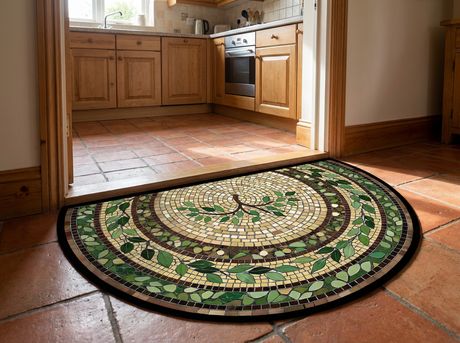 Half-moon mosaic vine rug at a kitchen entrance