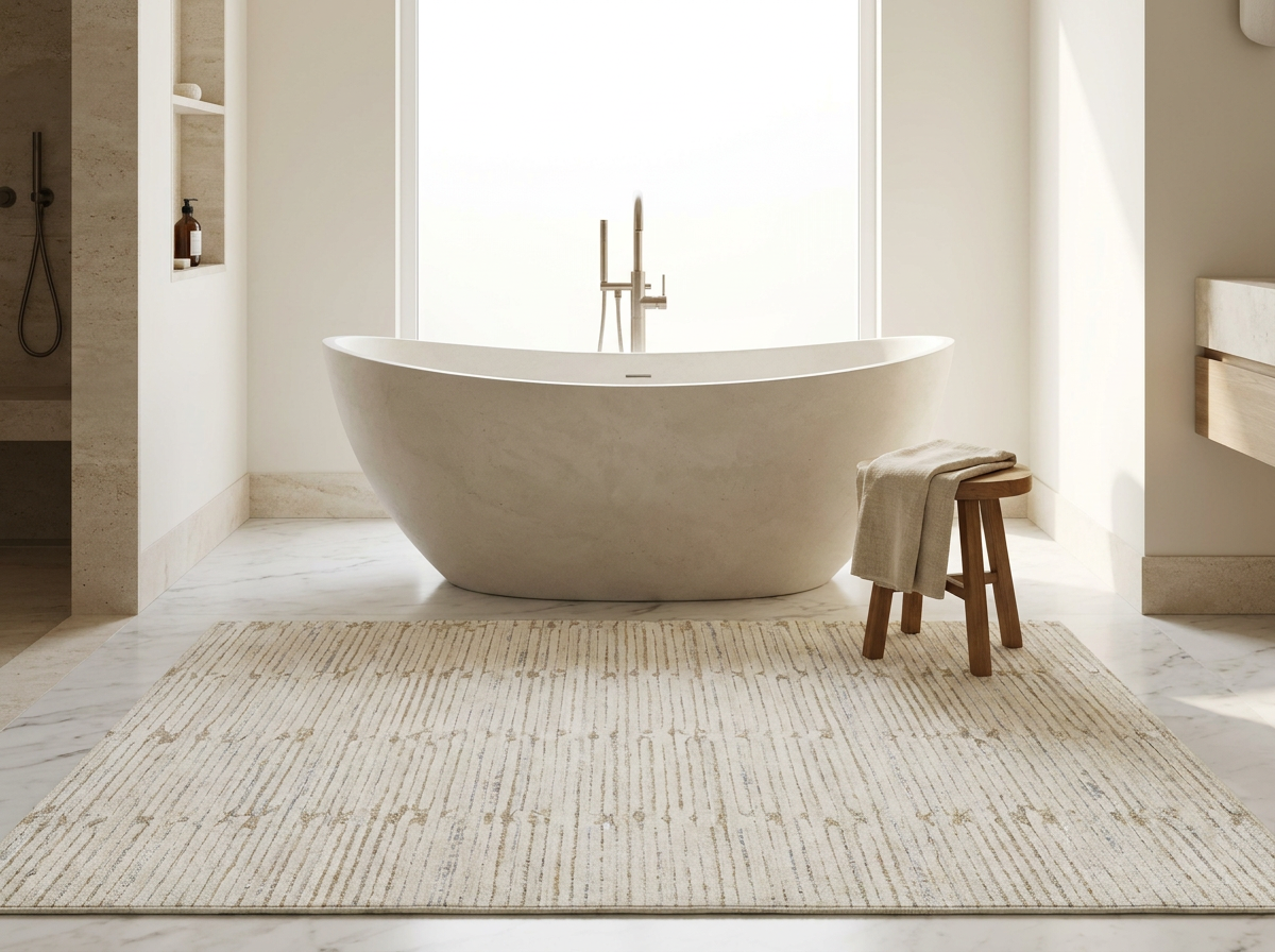 Oatmeal striped rug in a modern bathroom