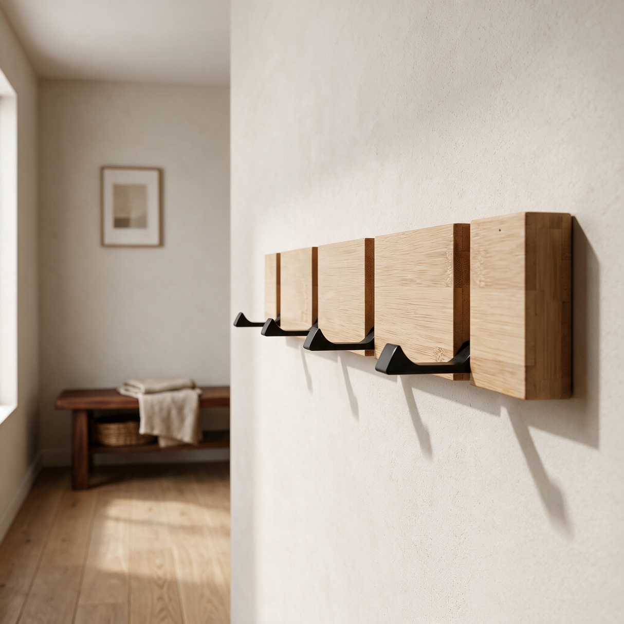 Bamboo fold-down coat rack mounted in a modern entryway