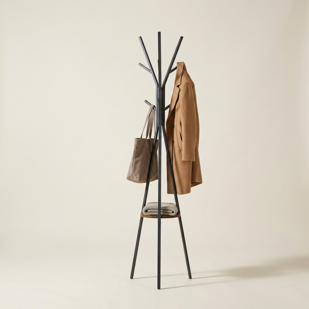 Freestanding Tree Coat Rack — with camel coat and tote, front view