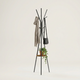 Freestanding Tree Coat Rack — with scarf, crossbody bag and shelf plant