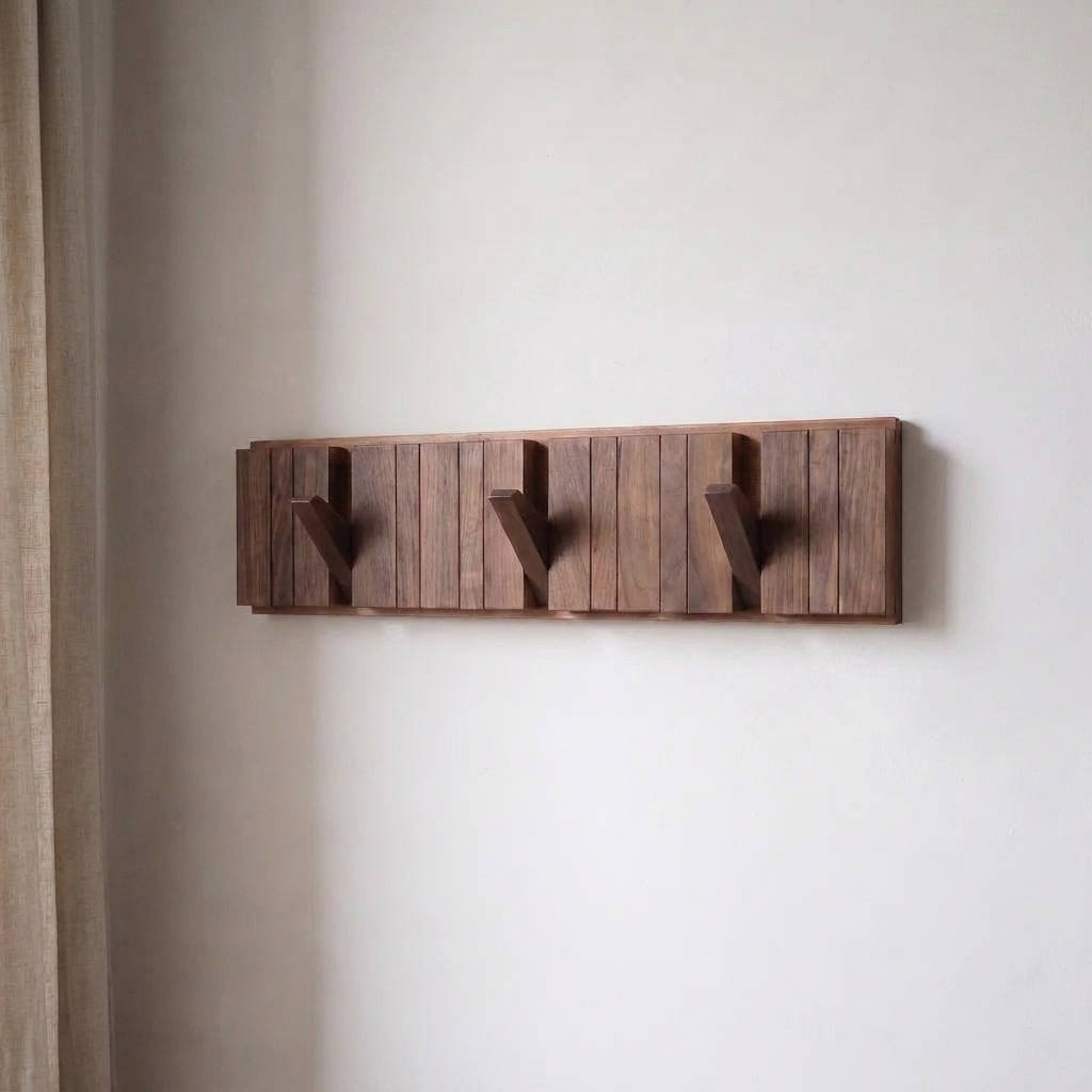 Modern Nordic Walnut Coat Rack — hooks folded down, on off-white wall