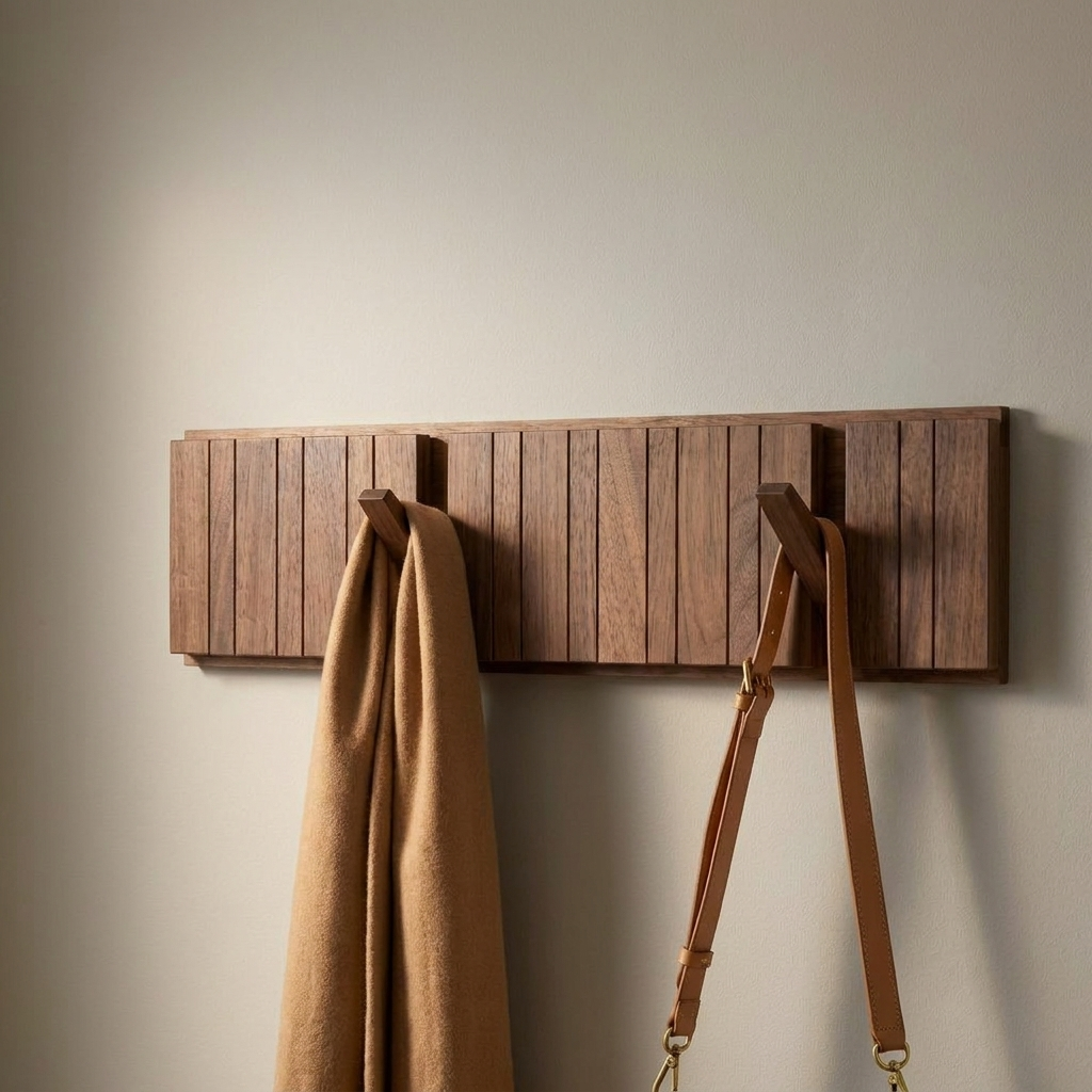 Modern Nordic Walnut Coat Rack — angled view on greige wall