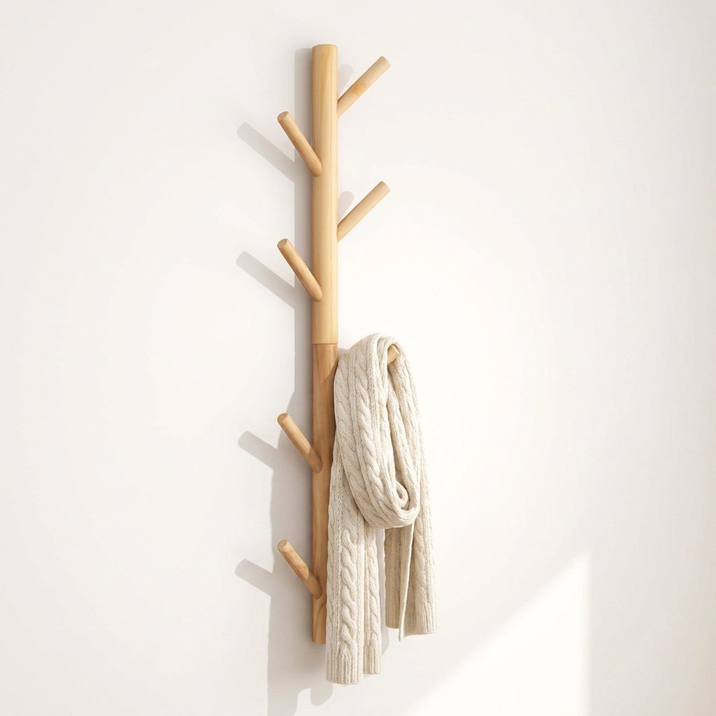 Branchio Tree-Branch Coat Rack — Khaki with ivory knit scarf