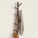 Branchio Tree-Branch Coat Rack — Coffee with linen scarf and leather bag