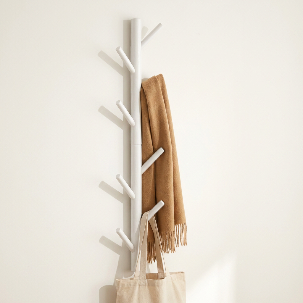 Branchio Tree-Branch Coat Rack — White with camel scarf and canvas tote