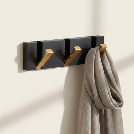 Foldable Wall Hook Rack — Black/Gold, front view with linen scarf