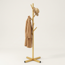 Tree-Branch Coat Rack Stand — Gold with camel coat and straw hat