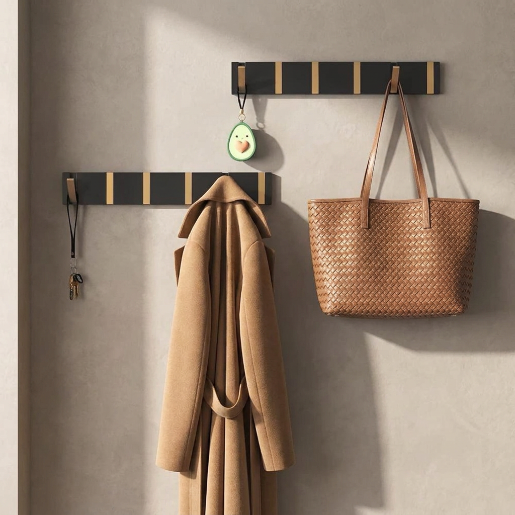 Foldable Wall Hook Rack — hallway wall with camel coat