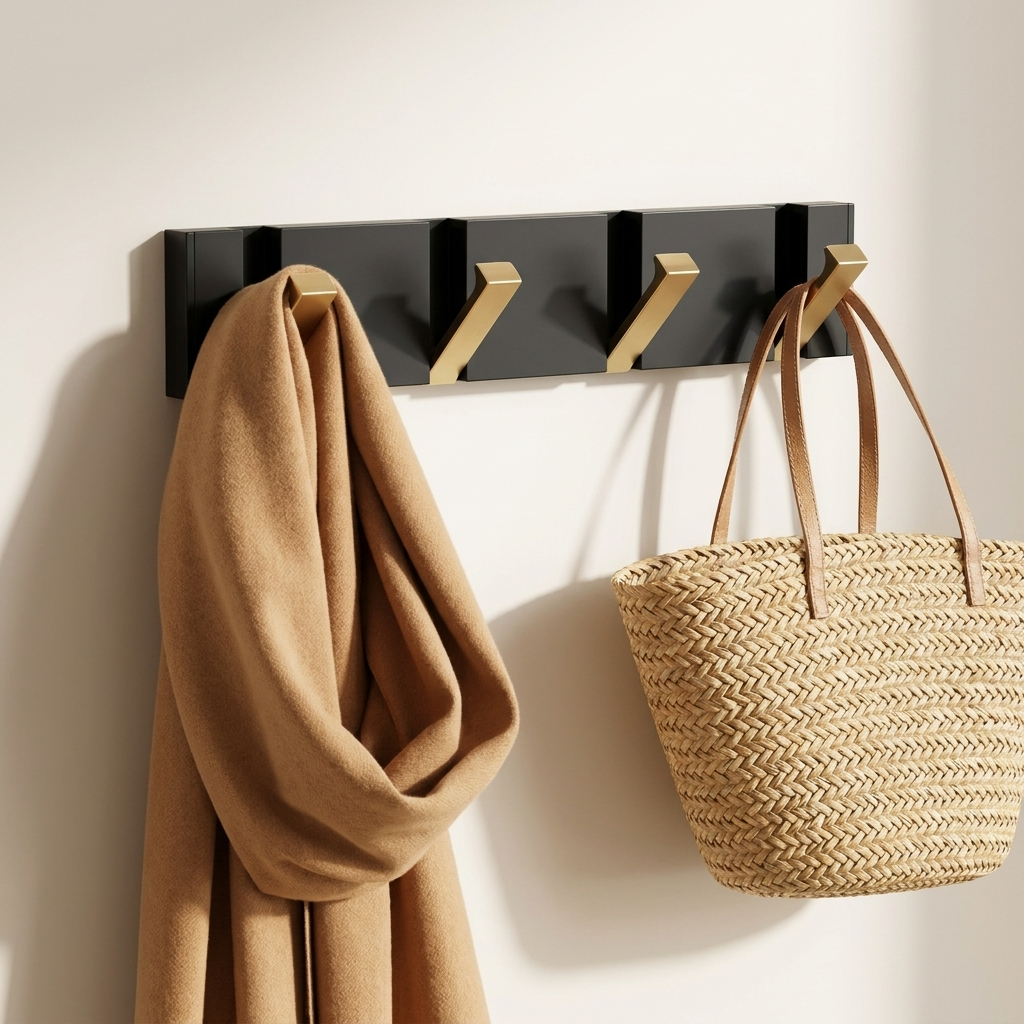 Foldable Wall Hook Rack — with camel scarf and basket bag