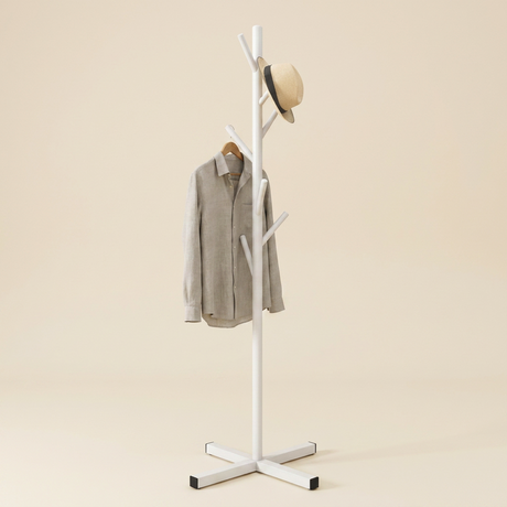 Tree-Branch Coat Rack Stand — White with linen shirt and straw hat