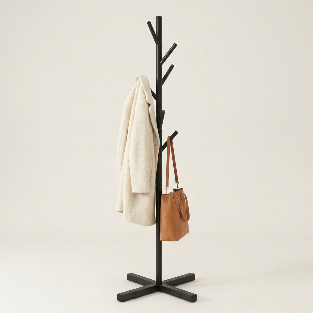 Tree-Branch Coat Rack Stand — Black with ivory coat and leather bag