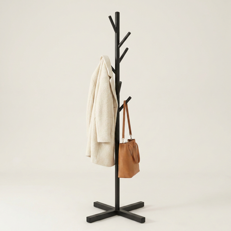 Tree-Branch Coat Rack Stand — Black with ivory coat and leather bag