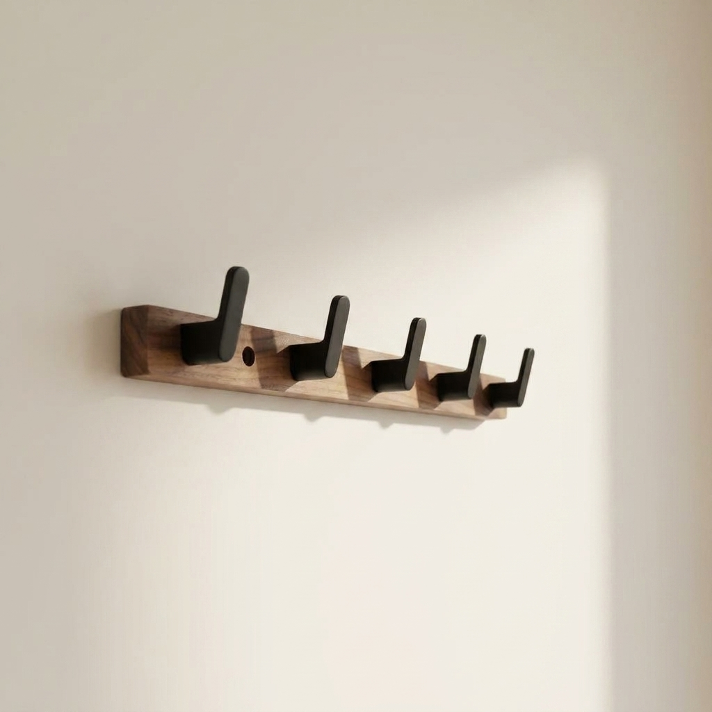 Upward-Curving Pegs Coat Rack — Walnut, angled view