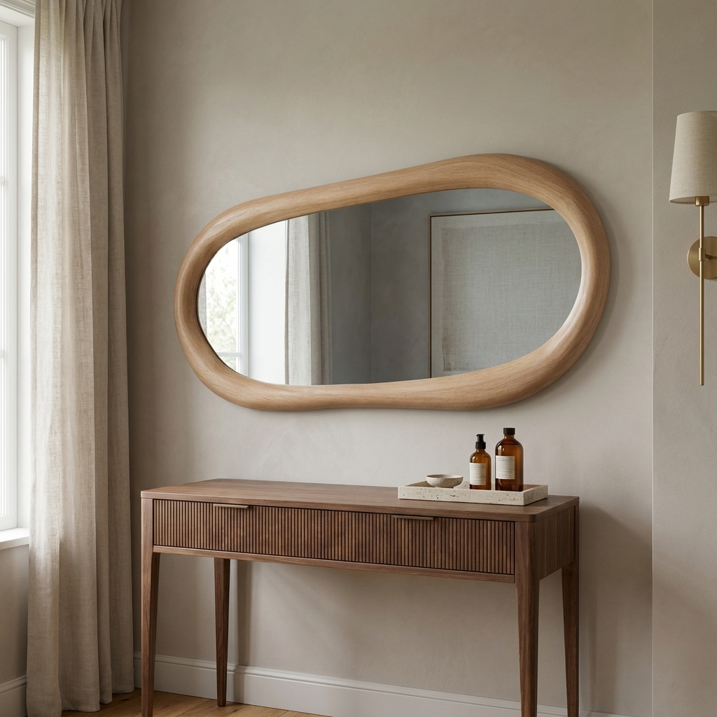 Modern Irregular Wall Mirror with Wooden Frame — above a fluted walnut vanity