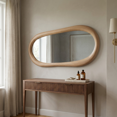 Modern Irregular Wall Mirror with Wooden Frame — above a fluted walnut vanity