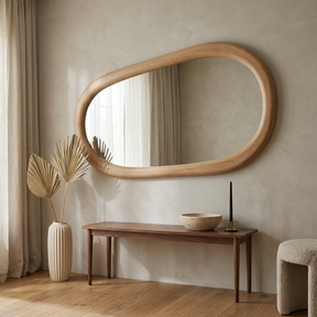 Modern Irregular Wall Mirror with Wooden Frame — hero, above an entry console