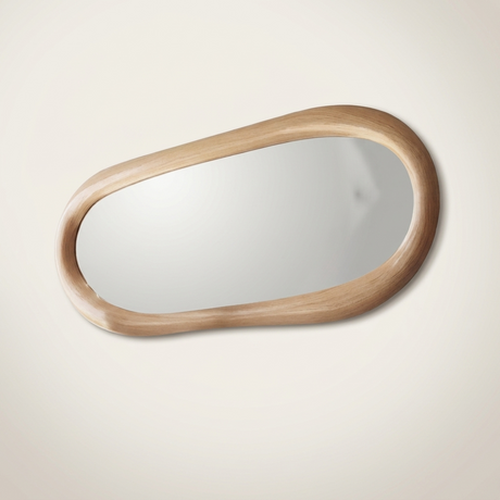 Modern Irregular Wall Mirror with Wooden Frame — catalogue view on a plain backdrop