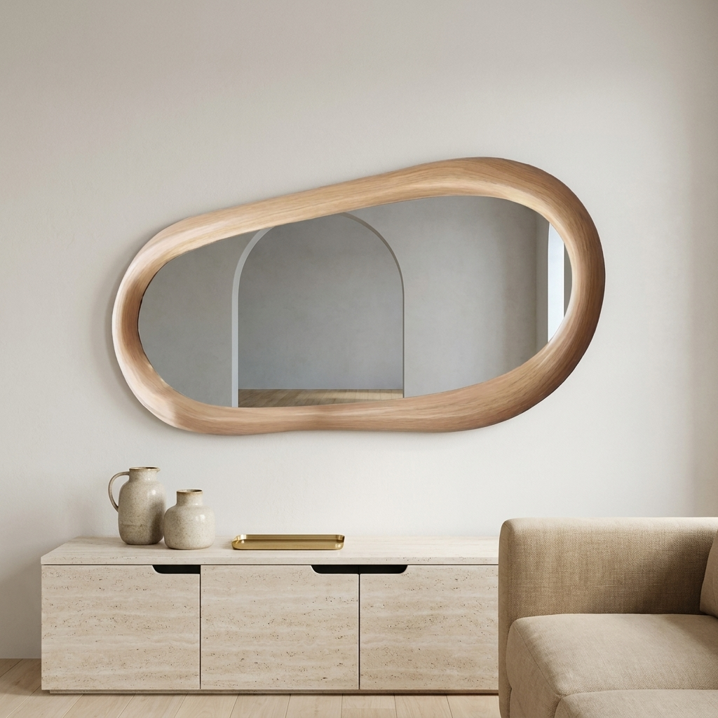 Modern Irregular Wall Mirror with Wooden Frame — living room wall above a credenza