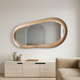 Modern Irregular Wall Mirror with Wooden Frame — living room wall above a credenza