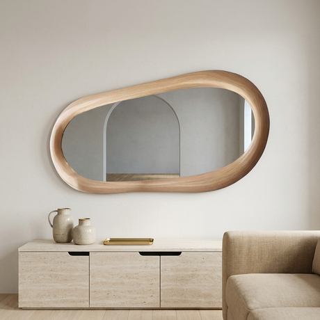 Modern Irregular Wall Mirror with Wooden Frame — living room wall above a credenza