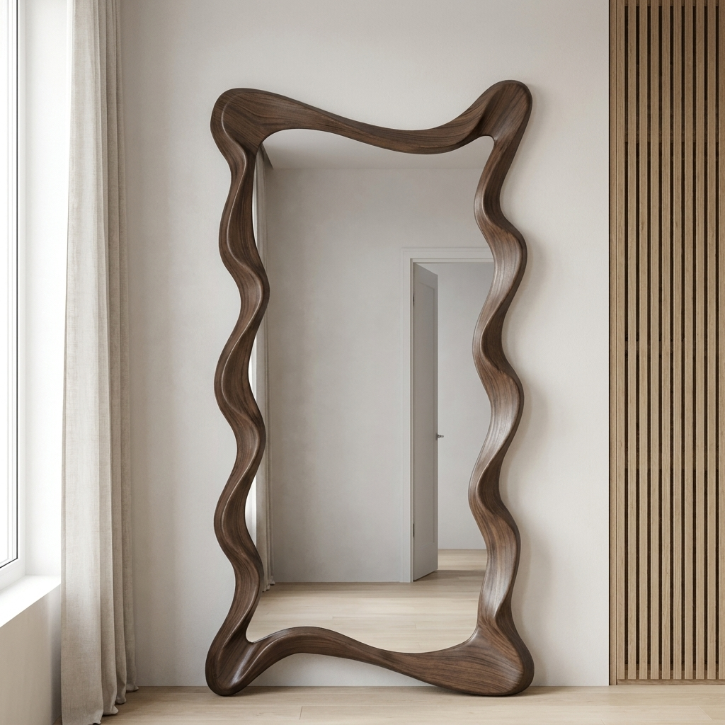 Chaves Full Length Floor Mirror, Dark Walnut — bedroom wall beside a linen curtain