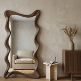 Chaves Full Length Floor Mirror, Dark Walnut — living room with linen sofa reflected
