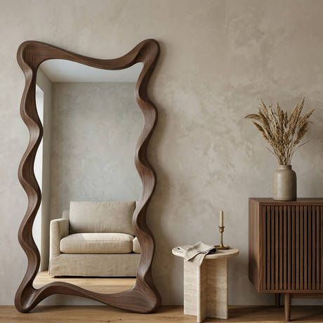 Chaves Full Length Floor Mirror, Dark Walnut — living room with linen sofa reflected