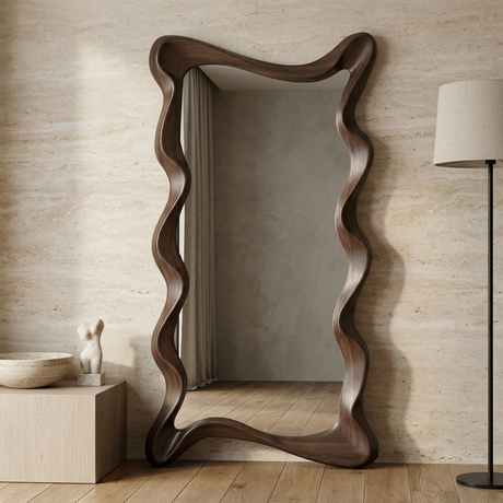 Chaves Full Length Floor Mirror, Dark Walnut — hero against a travertine wall