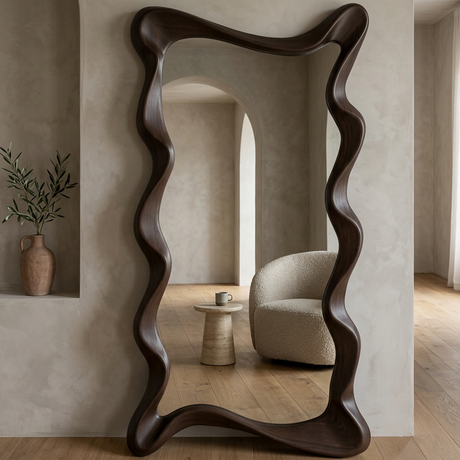 Chaves Full Length Floor Mirror, Dark Walnut — lounge corner with bouclé chair