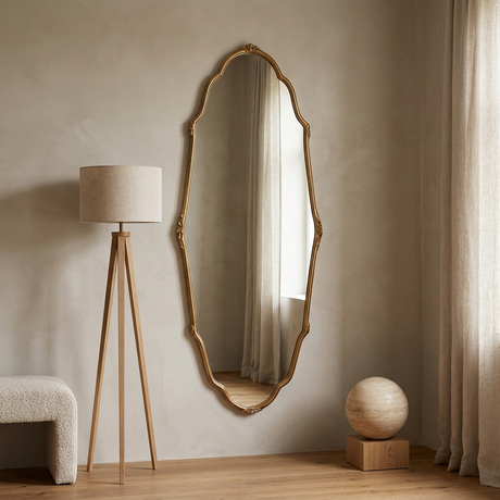 Vintage Full-Length Wall Mirror, French-Inspired — beside an oak tripod floor lamp