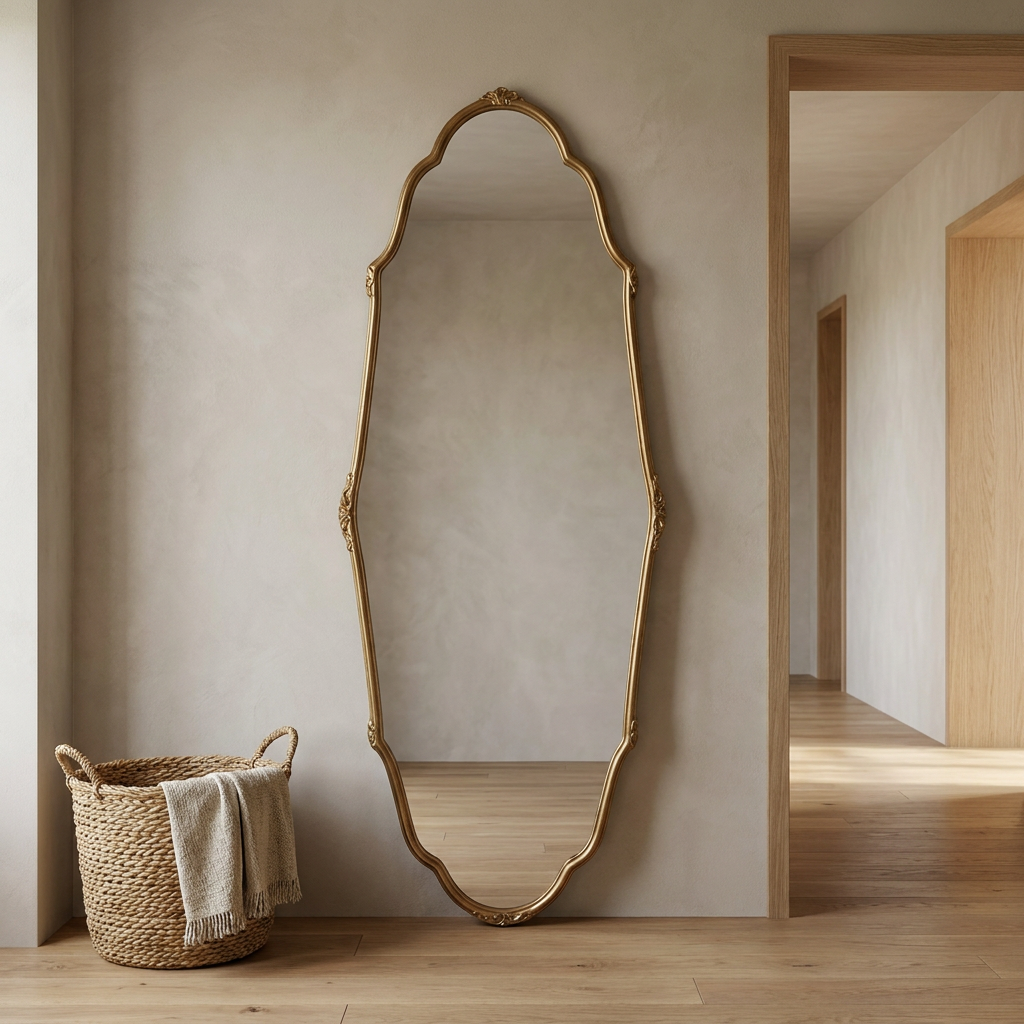 Vintage Full-Length Wall Mirror, French-Inspired — in an oak-lined hall