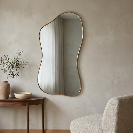 Modern Irregular Floor Mirror, Gold Metal Frame — hero in an entryway