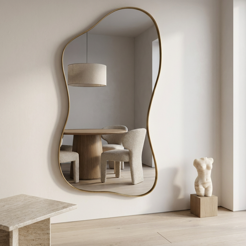 Modern Irregular Floor Mirror, Gold Metal Frame — dining room reflected in the glass