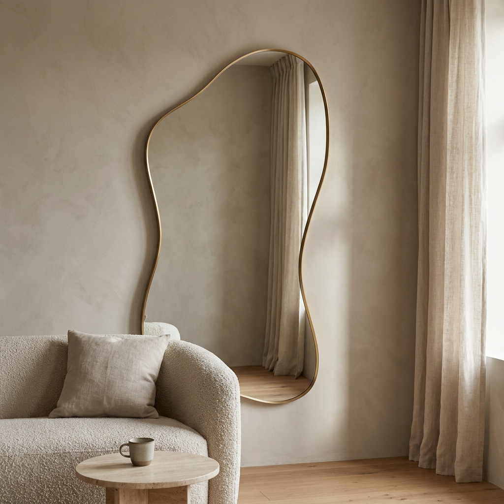 Modern Irregular Floor Mirror, Gold Metal Frame — beside linen curtains