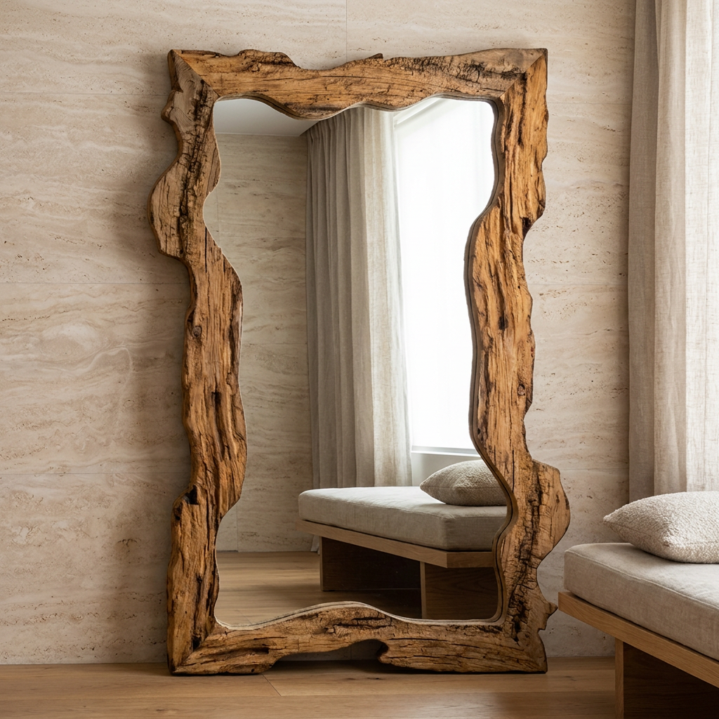 Rustic Solid Wood Mirror, Raw-Cut Pine — beside an oak daybed