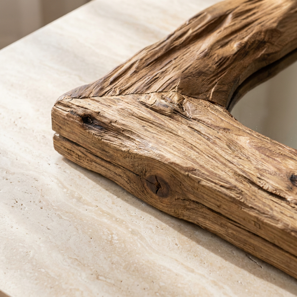 Rustic Solid Wood Mirror, Raw-Cut Pine — detail of the timber grain