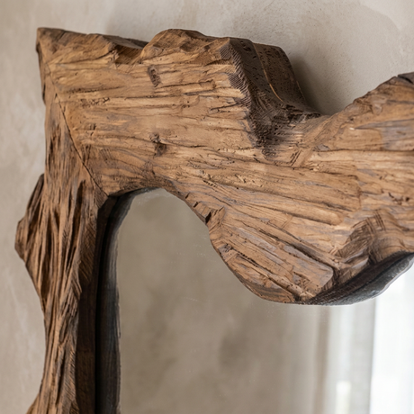 Rustic Solid Wood Mirror, Raw-Cut Pine — detail of the frame corner