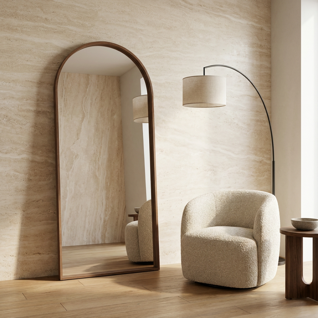 Elegant Arch Full Length Floor Mirror, Ash Wood — walnut in a travertine lounge