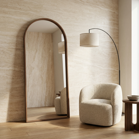 Elegant Arch Full Length Floor Mirror, Ash Wood — walnut in a travertine lounge