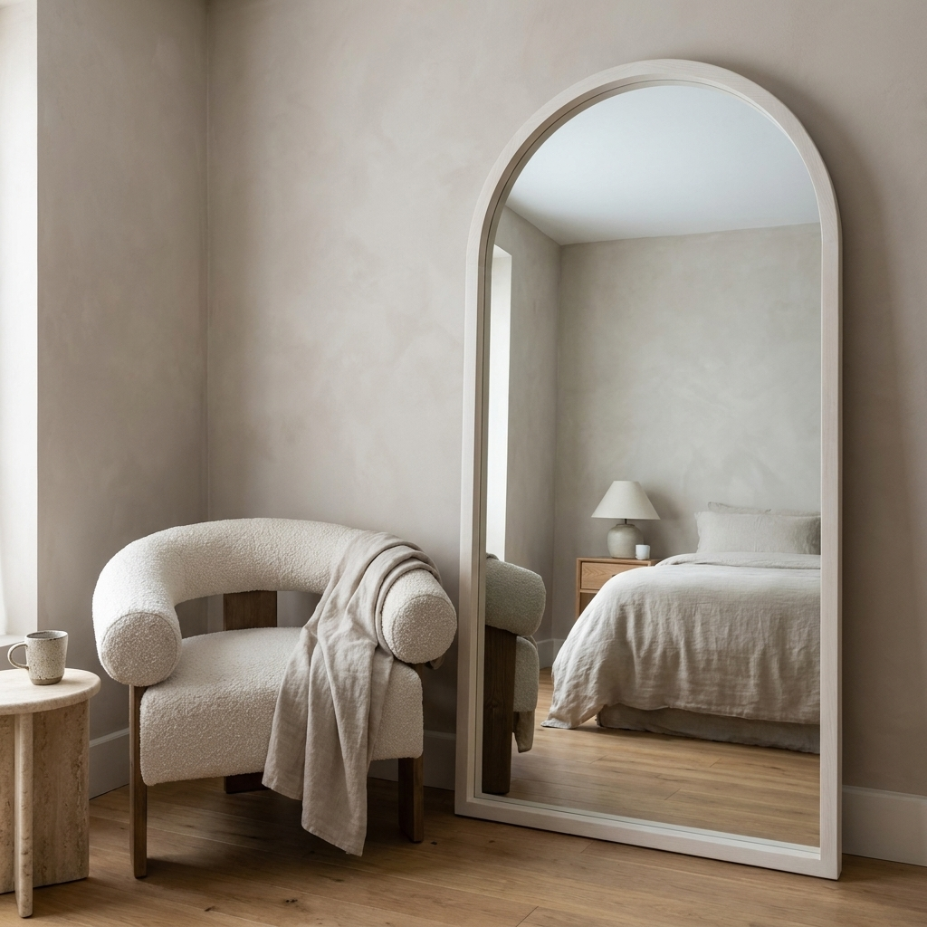 Elegant Arch Full Length Floor Mirror, Ash Wood — white finish with a bouclé armchair