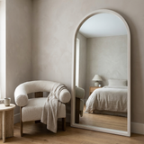 Elegant Arch Full Length Floor Mirror, Ash Wood — white finish with a bouclé armchair