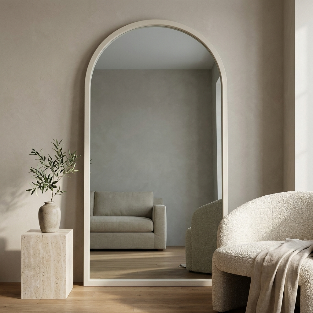 Elegant Arch Full Length Floor Mirror, Ash Wood — white finish in a living room