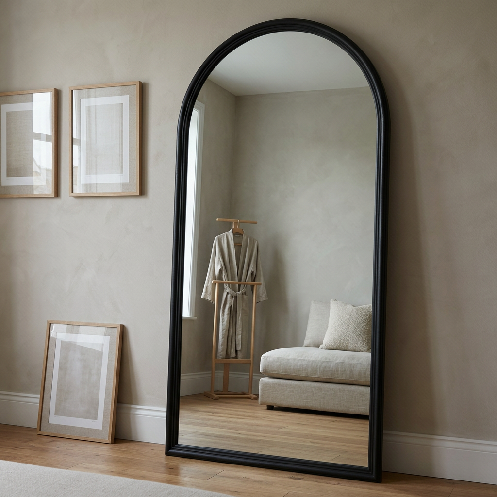 Elegant Arch Full Length Floor Mirror, Ash Wood — black finish on a bedroom wall
